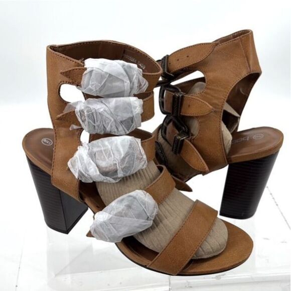 New Boohoo Sarah Buckle Gladiator Flared Heel Sandals Tan 7 - Picture 3 of 9